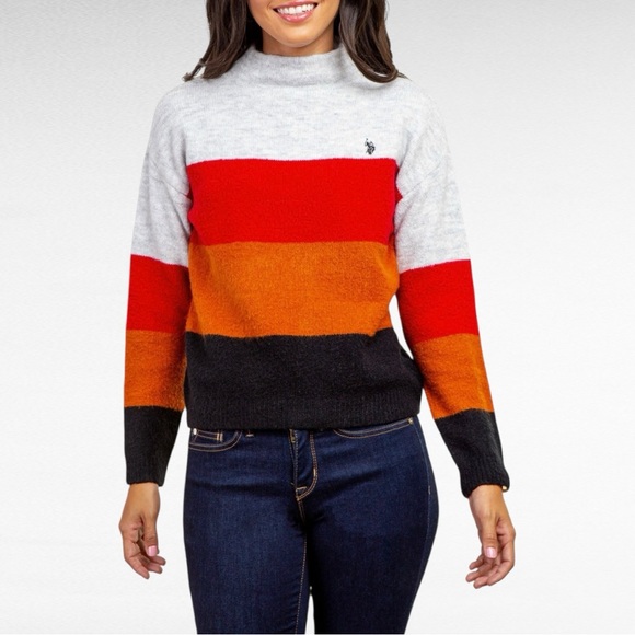 U.S. POLO ASSN. | Light Heather Gray Cozy Soft Mock Neck Colorblock Sweater - Picture 1 of 5